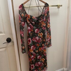 Vici Olive Floral Long Sleeve Midi Dress with Pink & Orange Blooms